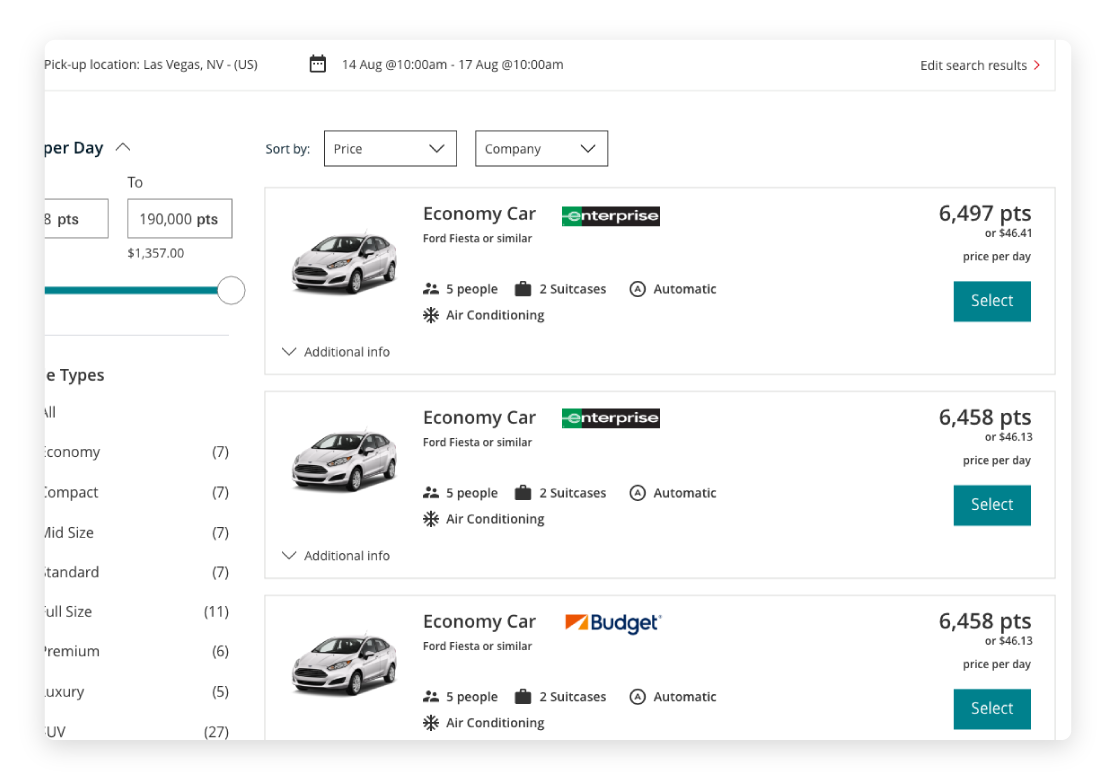 Travel car rental results